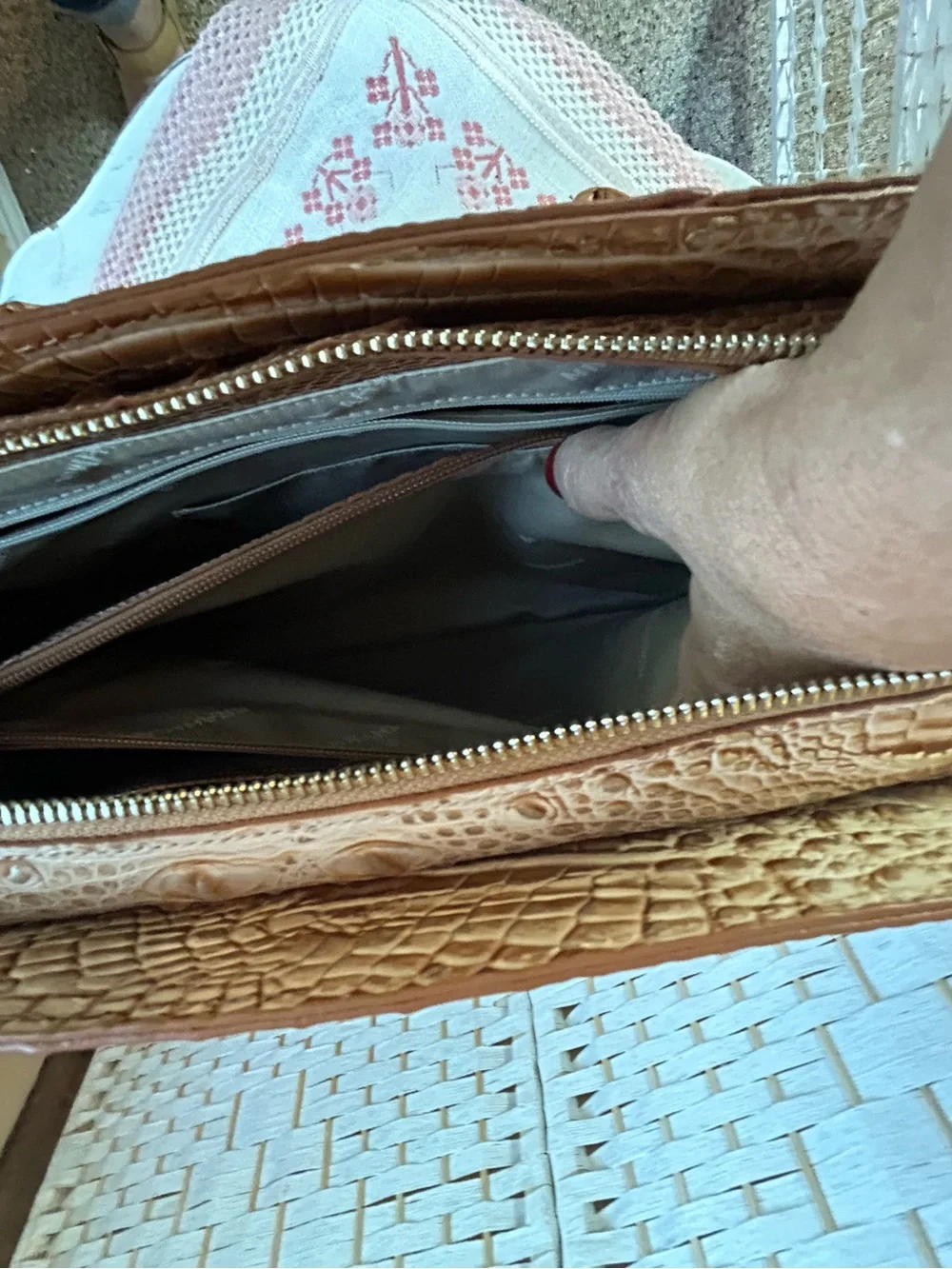 BRAHMIN FINLEY Driftwood Tan Metallic Croc-Embossed Satchel Tote Bag Office